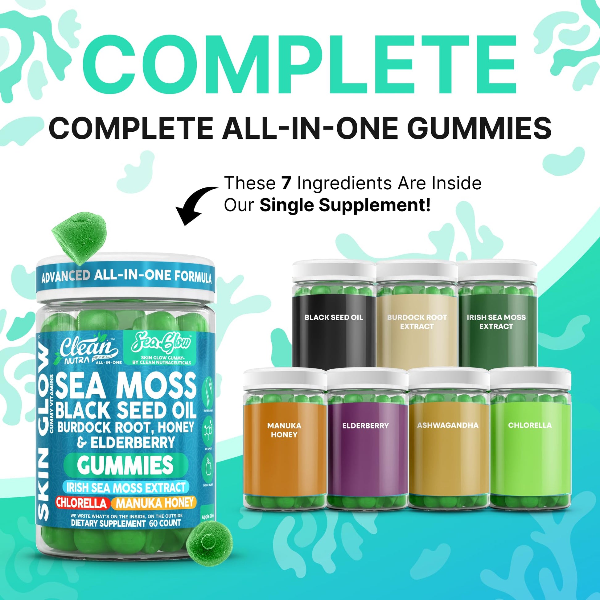 Clean Nutra Sea Moss Gummies Black Seed Oil Chlorella Ashwagandha Root Hair Growth Skin Glow Irish Sea Moss Elderberry Burdock Manuka Honey Trace Minerals Detox 60 Gummy Vitamins Sea Glow Supplement - dailyvitalstore
