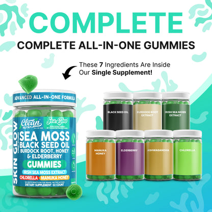 Clean Nutra Sea Moss Gummies Black Seed Oil Chlorella Ashwagandha Root Hair Growth Skin Glow Irish Sea Moss Elderberry Burdock Manuka Honey Trace Minerals Detox 60 Gummy Vitamins Sea Glow Supplement - dailyvitalstore