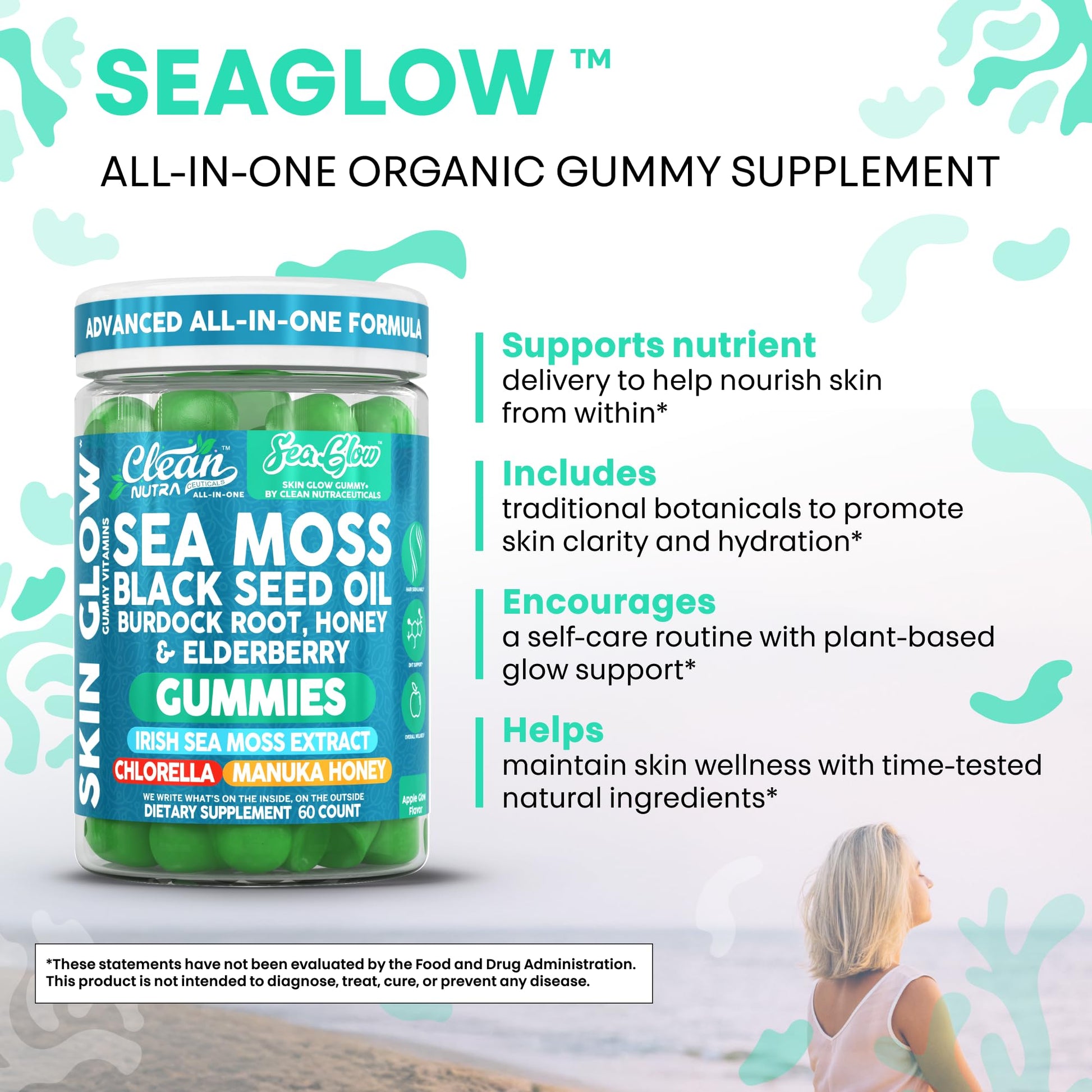 Clean Nutra Sea Moss Gummies Black Seed Oil Chlorella Ashwagandha Root Hair Growth Skin Glow Irish Sea Moss Elderberry Burdock Manuka Honey Trace Minerals Detox 60 Gummy Vitamins Sea Glow Supplement - dailyvitalstore