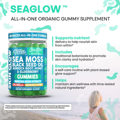 Clean Nutra Sea Moss Gummies Black Seed Oil Chlorella Ashwagandha Root Hair Growth Skin Glow Irish Sea Moss Elderberry Burdock Manuka Honey Trace Minerals Detox 60 Gummy Vitamins Sea Glow Supplement - dailyvitalstore