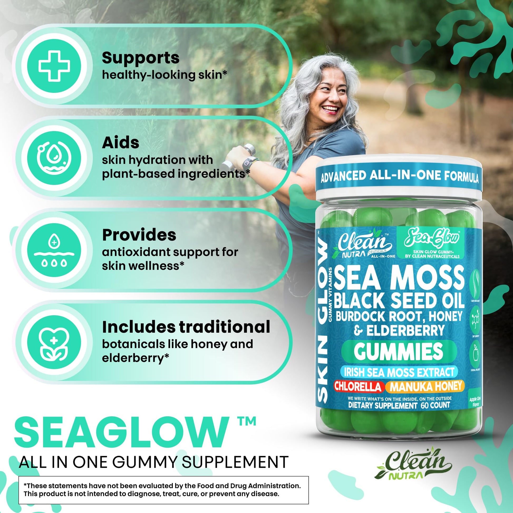 Clean Nutra Sea Moss Gummies Black Seed Oil Chlorella Ashwagandha Root Hair Growth Skin Glow Irish Sea Moss Elderberry Burdock Manuka Honey Trace Minerals Detox 60 Gummy Vitamins Sea Glow Supplement - dailyvitalstore