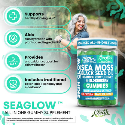 Clean Nutra Sea Moss Gummies Black Seed Oil Chlorella Ashwagandha Root Hair Growth Skin Glow Irish Sea Moss Elderberry Burdock Manuka Honey Trace Minerals Detox 60 Gummy Vitamins Sea Glow Supplement - dailyvitalstore
