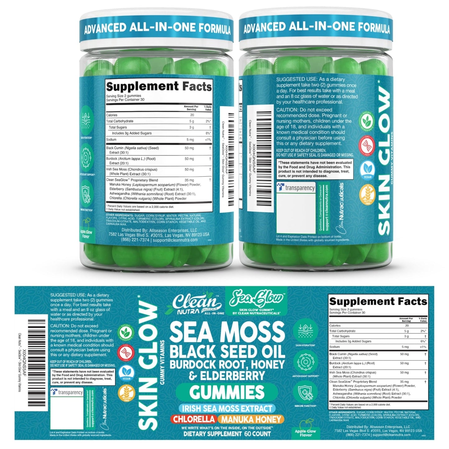 Clean Nutra Sea Moss Gummies Black Seed Oil Chlorella Ashwagandha Root Hair Growth Skin Glow Irish Sea Moss Elderberry Burdock Manuka Honey Trace Minerals Detox 60 Gummy Vitamins Sea Glow Supplement - dailyvitalstore