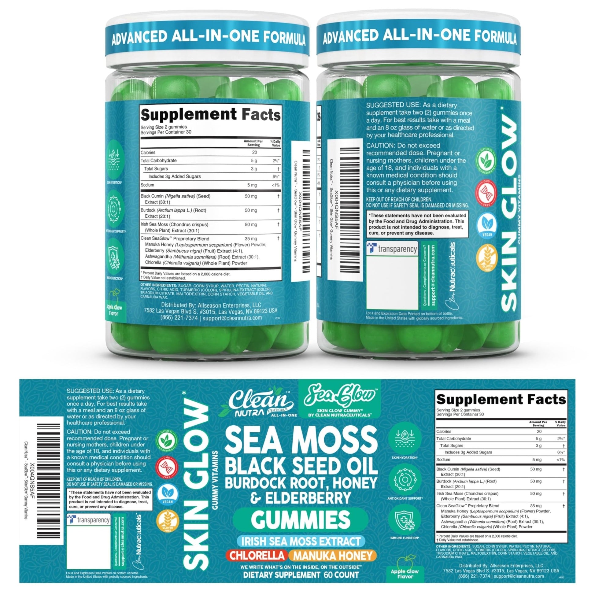 Clean Nutra Sea Moss Gummies Black Seed Oil Chlorella Ashwagandha Root Hair Growth Skin Glow Irish Sea Moss Elderberry Burdock Manuka Honey Trace Minerals Detox 60 Gummy Vitamins Sea Glow Supplement - dailyvitalstore