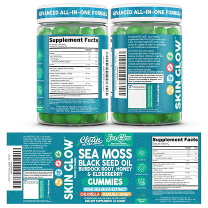 Clean Nutra Sea Moss Gummies Black Seed Oil Chlorella Ashwagandha Root Hair Growth Skin Glow Irish Sea Moss Elderberry Burdock Manuka Honey Trace Minerals Detox 60 Gummy Vitamins Sea Glow Supplement - dailyvitalstore
