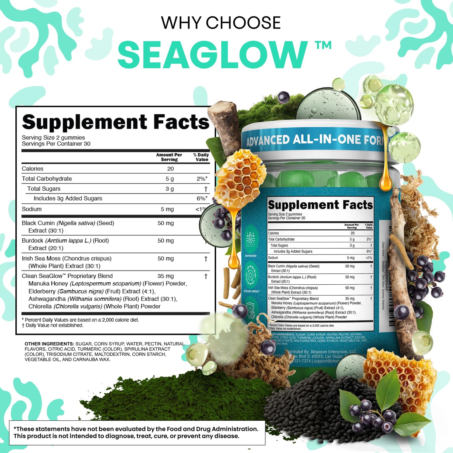 Clean Nutra Sea Moss Gummies Black Seed Oil Chlorella Ashwagandha Root Hair Growth Skin Glow Irish Sea Moss Elderberry Burdock Manuka Honey Trace Minerals Detox 60 Gummy Vitamins Sea Glow Supplement - dailyvitalstore