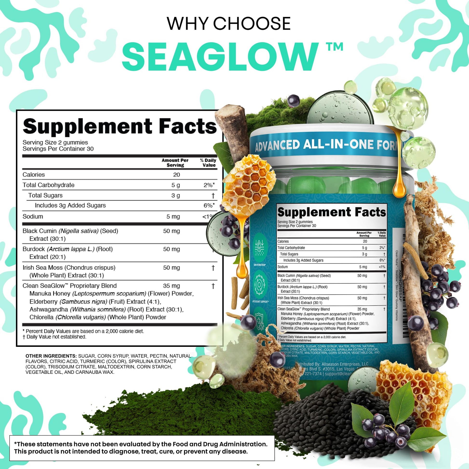 Clean Nutra Sea Moss Gummies Black Seed Oil Chlorella Ashwagandha Root Hair Growth Skin Glow Irish Sea Moss Elderberry Burdock Manuka Honey Trace Minerals Detox 60 Gummy Vitamins Sea Glow Supplement - dailyvitalstore