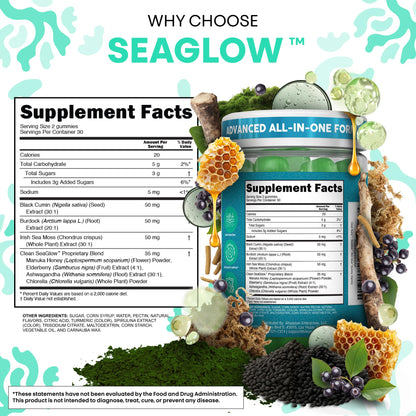 Clean Nutra Sea Moss Gummies Black Seed Oil Chlorella Ashwagandha Root Hair Growth Skin Glow Irish Sea Moss Elderberry Burdock Manuka Honey Trace Minerals Detox 60 Gummy Vitamins Sea Glow Supplement - dailyvitalstore