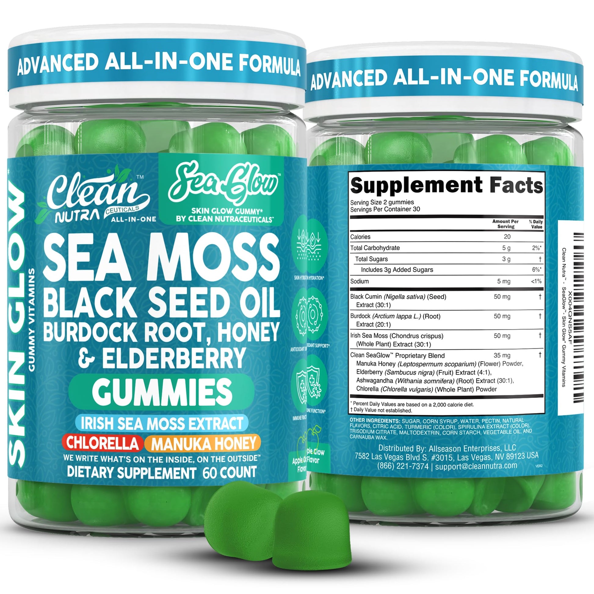 Clean Nutra Sea Moss Gummies Black Seed Oil Chlorella Ashwagandha Root Hair Growth Skin Glow Irish Sea Moss Elderberry Burdock Manuka Honey Trace Minerals Detox 60 Gummy Vitamins Sea Glow Supplement - dailyvitalstore