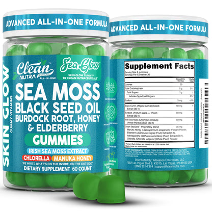 Clean Nutra Sea Moss Gummies Black Seed Oil Chlorella Ashwagandha Root Hair Growth Skin Glow Irish Sea Moss Elderberry Burdock Manuka Honey Trace Minerals Detox 60 Gummy Vitamins Sea Glow Supplement - dailyvitalstore