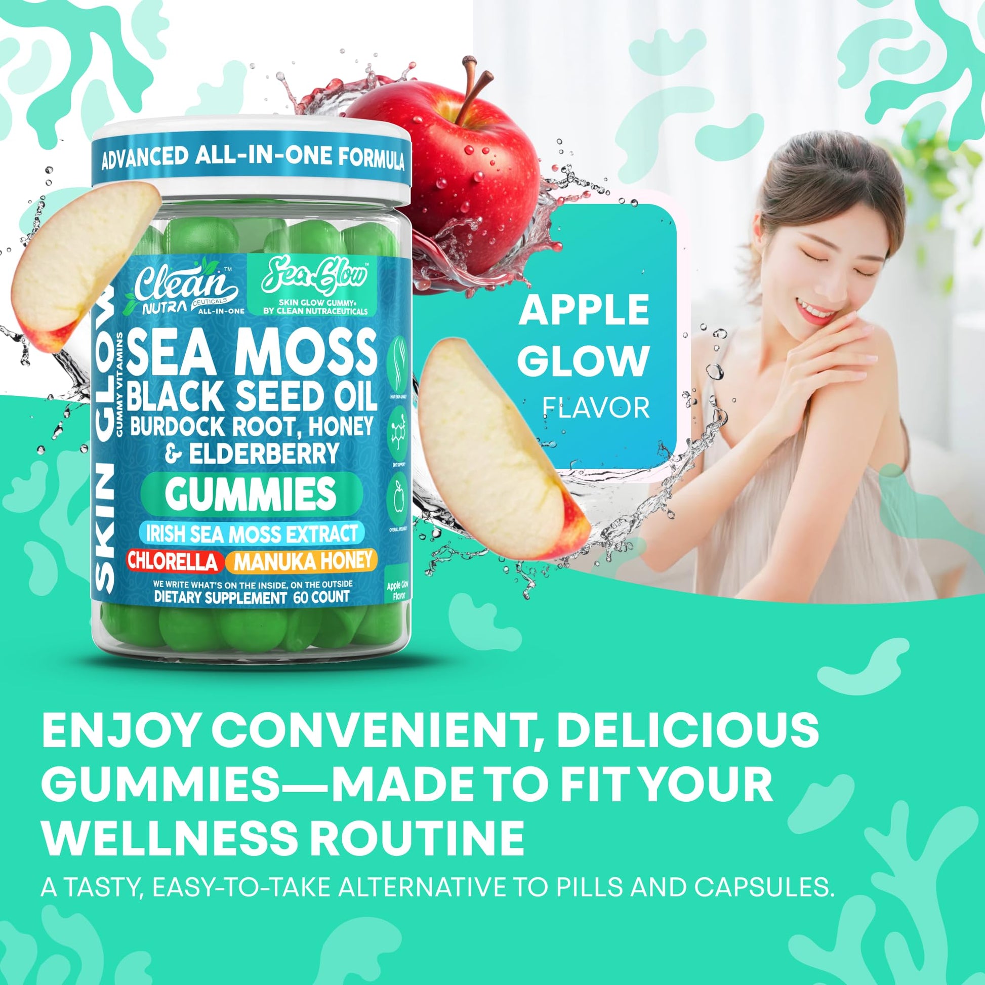 Clean Nutra Sea Moss Gummies Black Seed Oil Chlorella Ashwagandha Root Hair Growth Skin Glow Irish Sea Moss Elderberry Burdock Manuka Honey Trace Minerals Detox 60 Gummy Vitamins Sea Glow Supplement - dailyvitalstore
