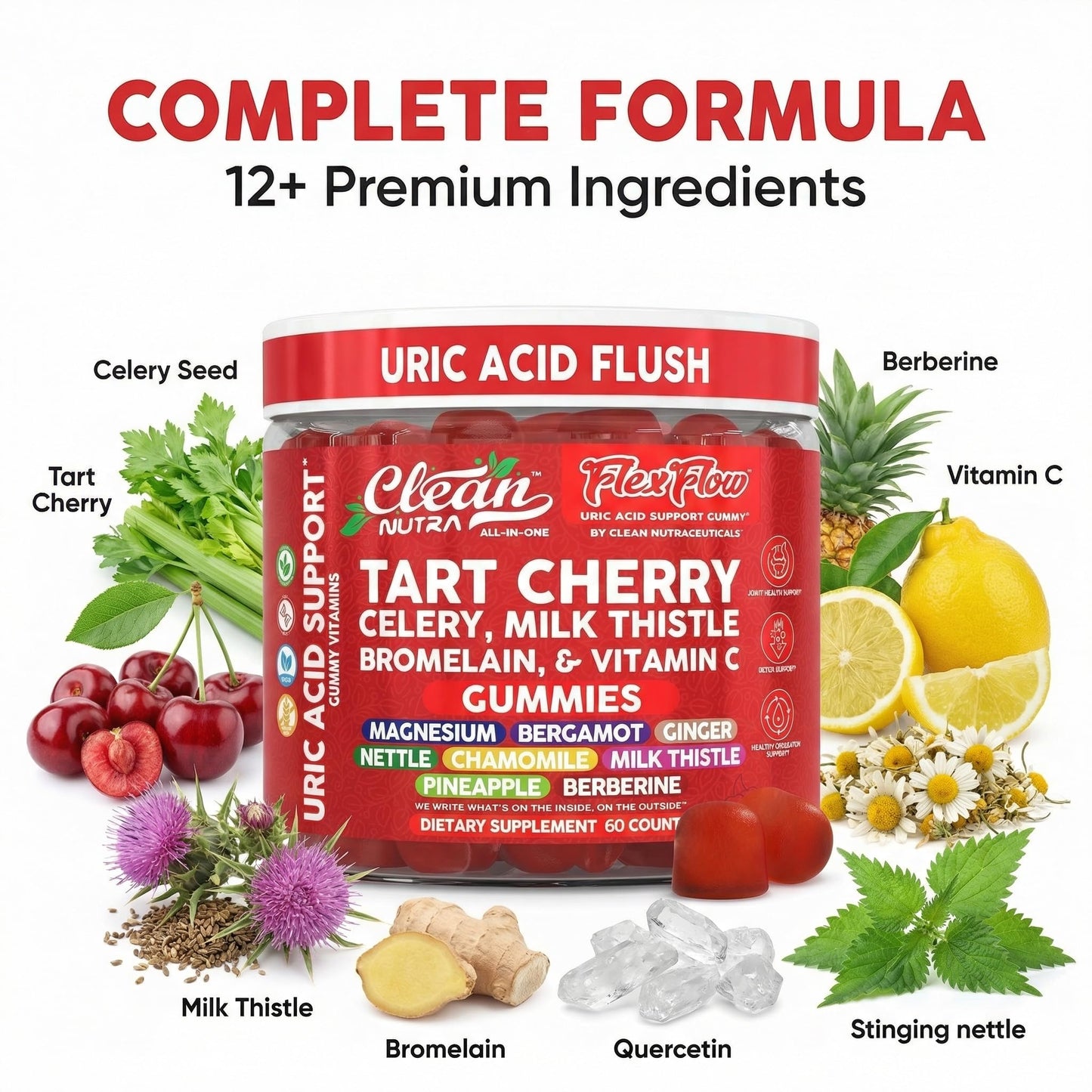 Clean Nutra Tart Cherry Gummies Uric Acid Flush Celery Milk Thistle Bromelain Vitamin C Magnesium Citrus Bergamot Ginger Stinging Nettle Leaf Chamomile Berberine Quercetin Support 60 Gummy Vitamins - dailyvitalstore