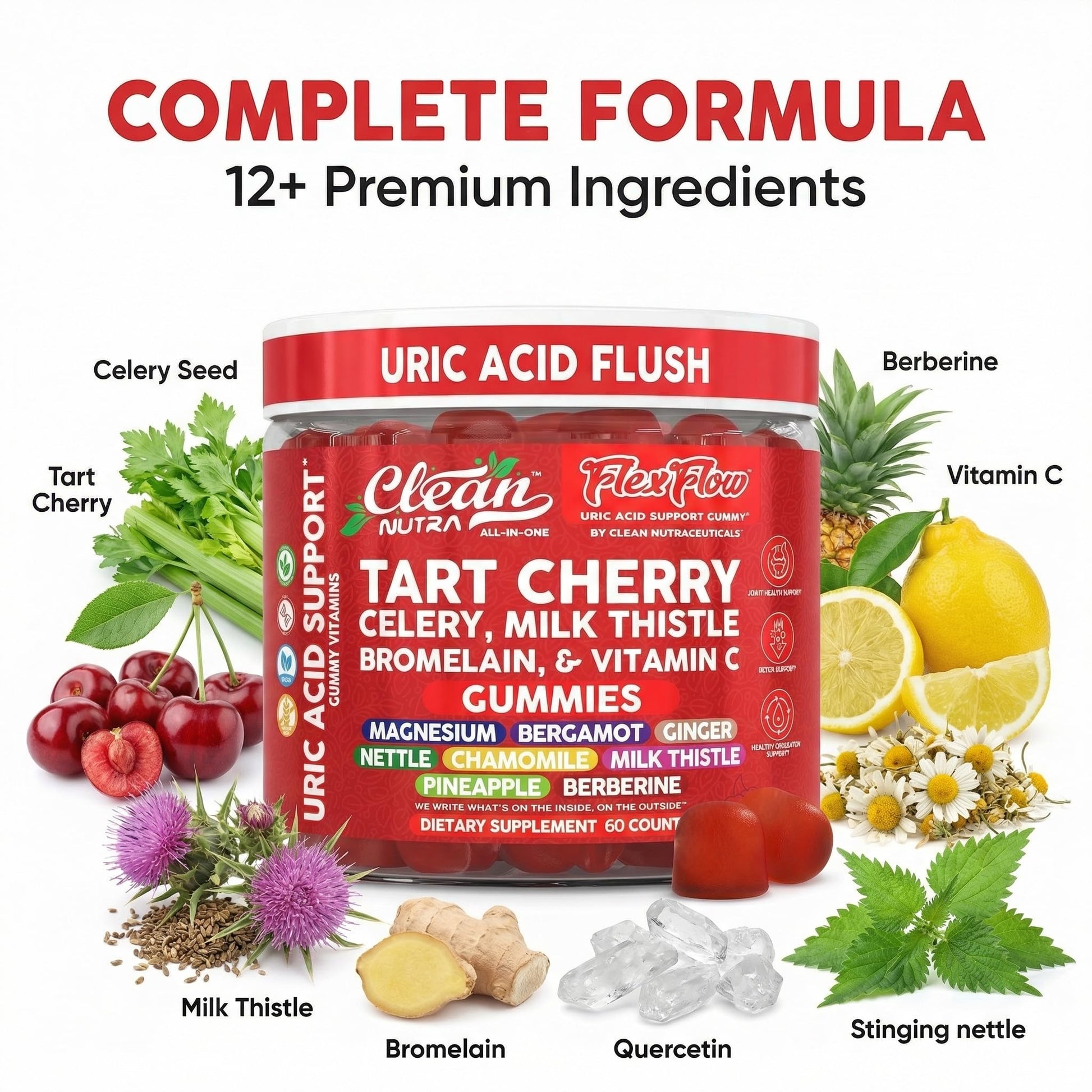 Clean Nutra Tart Cherry Gummies Uric Acid Flush Celery Milk Thistle Bromelain Vitamin C Magnesium Citrus Bergamot Ginger Stinging Nettle Leaf Chamomile Berberine Quercetin Support 60 Gummy Vitamins - dailyvitalstore