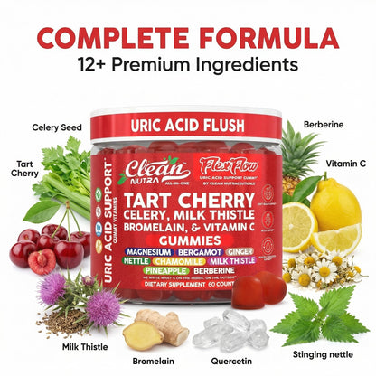 Clean Nutra Tart Cherry Gummies Uric Acid Flush Celery Milk Thistle Bromelain Vitamin C Magnesium Citrus Bergamot Ginger Stinging Nettle Leaf Chamomile Berberine Quercetin Support 60 Gummy Vitamins - dailyvitalstore