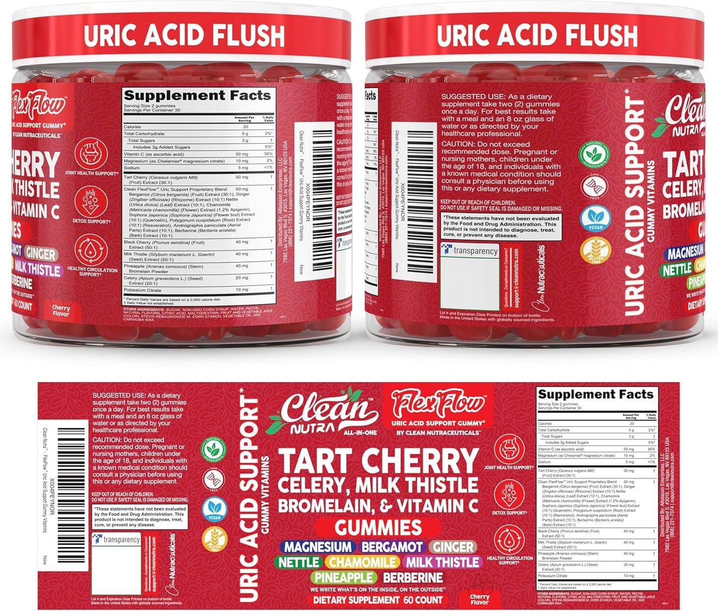 Clean Nutra Tart Cherry Gummies Uric Acid Flush Celery Milk Thistle Bromelain Vitamin C Magnesium Citrus Bergamot Ginger Stinging Nettle Leaf Chamomile Berberine Quercetin Support 60 Gummy Vitamins - dailyvitalstore