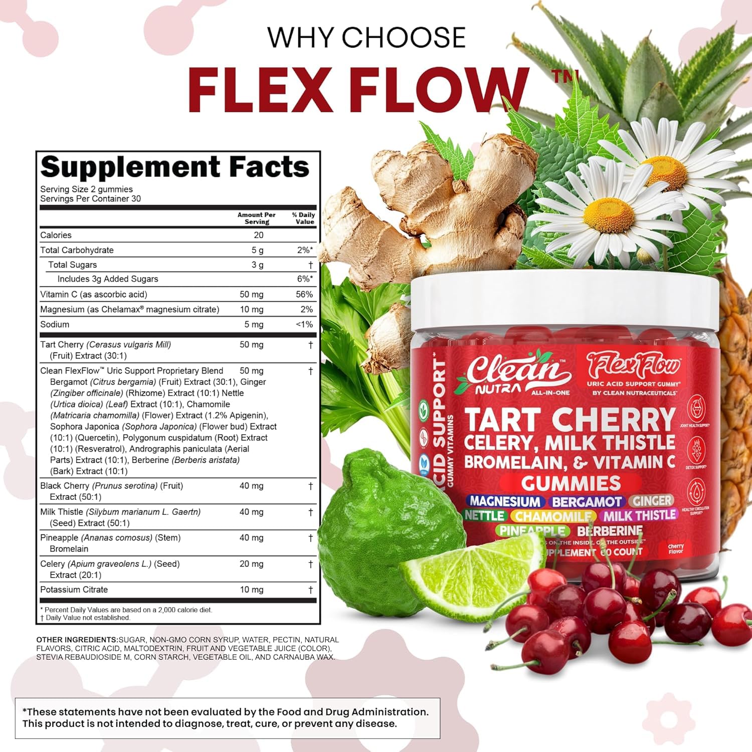 Clean Nutra Tart Cherry Gummies Uric Acid Flush Celery Milk Thistle Bromelain Vitamin C Magnesium Citrus Bergamot Ginger Stinging Nettle Leaf Chamomile Berberine Quercetin Support 60 Gummy Vitamins - dailyvitalstore