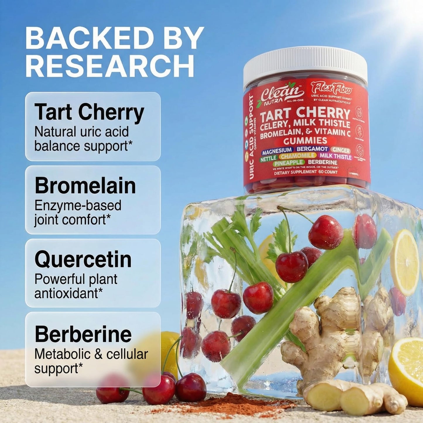 Clean Nutra Tart Cherry Gummies Uric Acid Flush Celery Milk Thistle Bromelain Vitamin C Magnesium Citrus Bergamot Ginger Stinging Nettle Leaf Chamomile Berberine Quercetin Support 60 Gummy Vitamins - dailyvitalstore