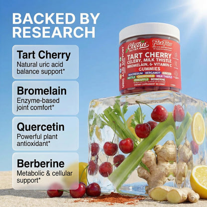 Clean Nutra Tart Cherry Gummies Uric Acid Flush Celery Milk Thistle Bromelain Vitamin C Magnesium Citrus Bergamot Ginger Stinging Nettle Leaf Chamomile Berberine Quercetin Support 60 Gummy Vitamins - dailyvitalstore