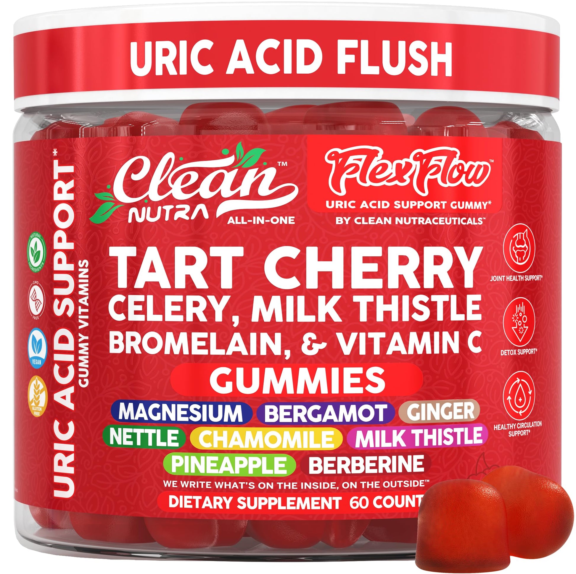 Clean Nutra Tart Cherry Gummies Uric Acid Flush Celery Milk Thistle Bromelain Vitamin C Magnesium Citrus Bergamot Ginger Stinging Nettle Leaf Chamomile Berberine Quercetin Support 60 Gummy Vitamins - dailyvitalstore