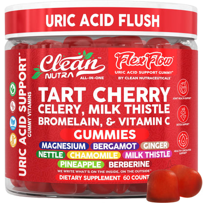 Clean Nutra Tart Cherry Gummies Uric Acid Flush Celery Milk Thistle Bromelain Vitamin C Magnesium Citrus Bergamot Ginger Stinging Nettle Leaf Chamomile Berberine Quercetin Support 60 Gummy Vitamins - dailyvitalstore