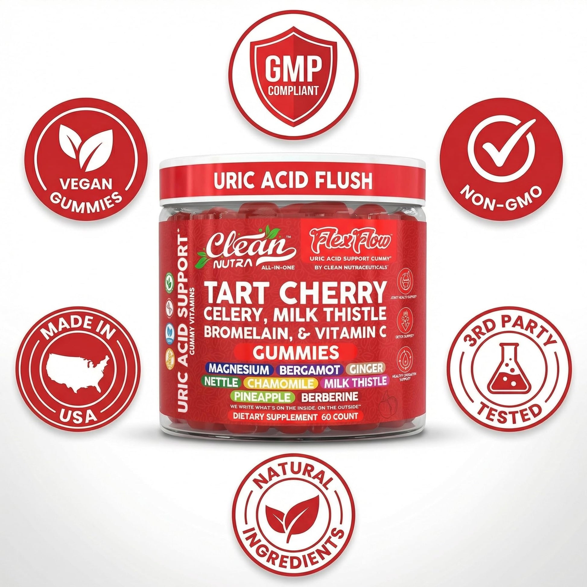 Clean Nutra Tart Cherry Gummies Uric Acid Flush Celery Milk Thistle Bromelain Vitamin C Magnesium Citrus Bergamot Ginger Stinging Nettle Leaf Chamomile Berberine Quercetin Support 60 Gummy Vitamins - dailyvitalstore