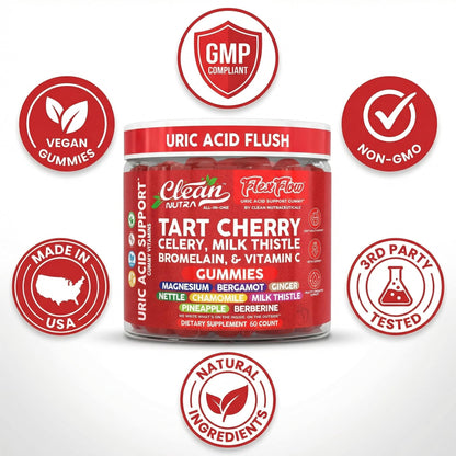 Clean Nutra Tart Cherry Gummies Uric Acid Flush Celery Milk Thistle Bromelain Vitamin C Magnesium Citrus Bergamot Ginger Stinging Nettle Leaf Chamomile Berberine Quercetin Support 60 Gummy Vitamins - dailyvitalstore