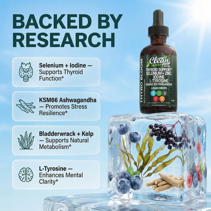 Clean Nutra Thyroid Support Drops Selenium Zinc Iodine L Tyrosine KSM66 Ashwagandha Vitamin D3 B12 A C Turmeric Kelp Schisandra Guggul Cayenne Basil Liquid Supplement Folate Copper Thyro Bloom Drop - dailyvitalstore