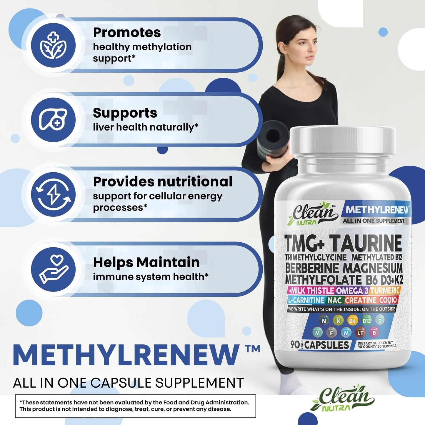Clean Nutra TMG Supplements 1000mg | Methylated Multivitamin for Women Men | Taurine B6 Vitamins B12 D3 K2 Trimethylglycine Magnesium - dailyvitalstore