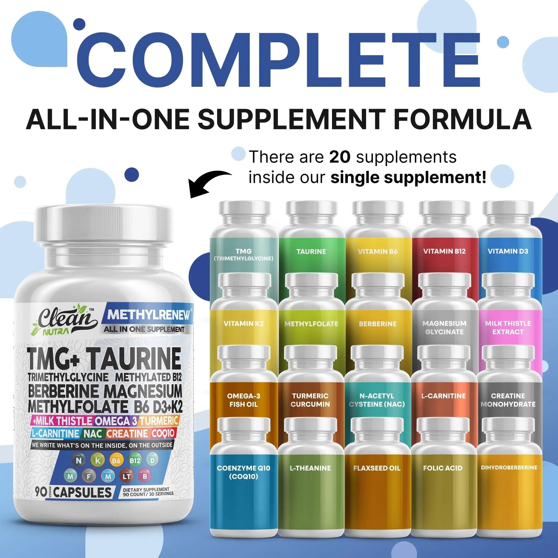 Clean Nutra TMG Supplements 1000mg | Methylated Multivitamin for Women Men | Taurine B6 Vitamins B12 D3 K2 Trimethylglycine Magnesium - dailyvitalstore