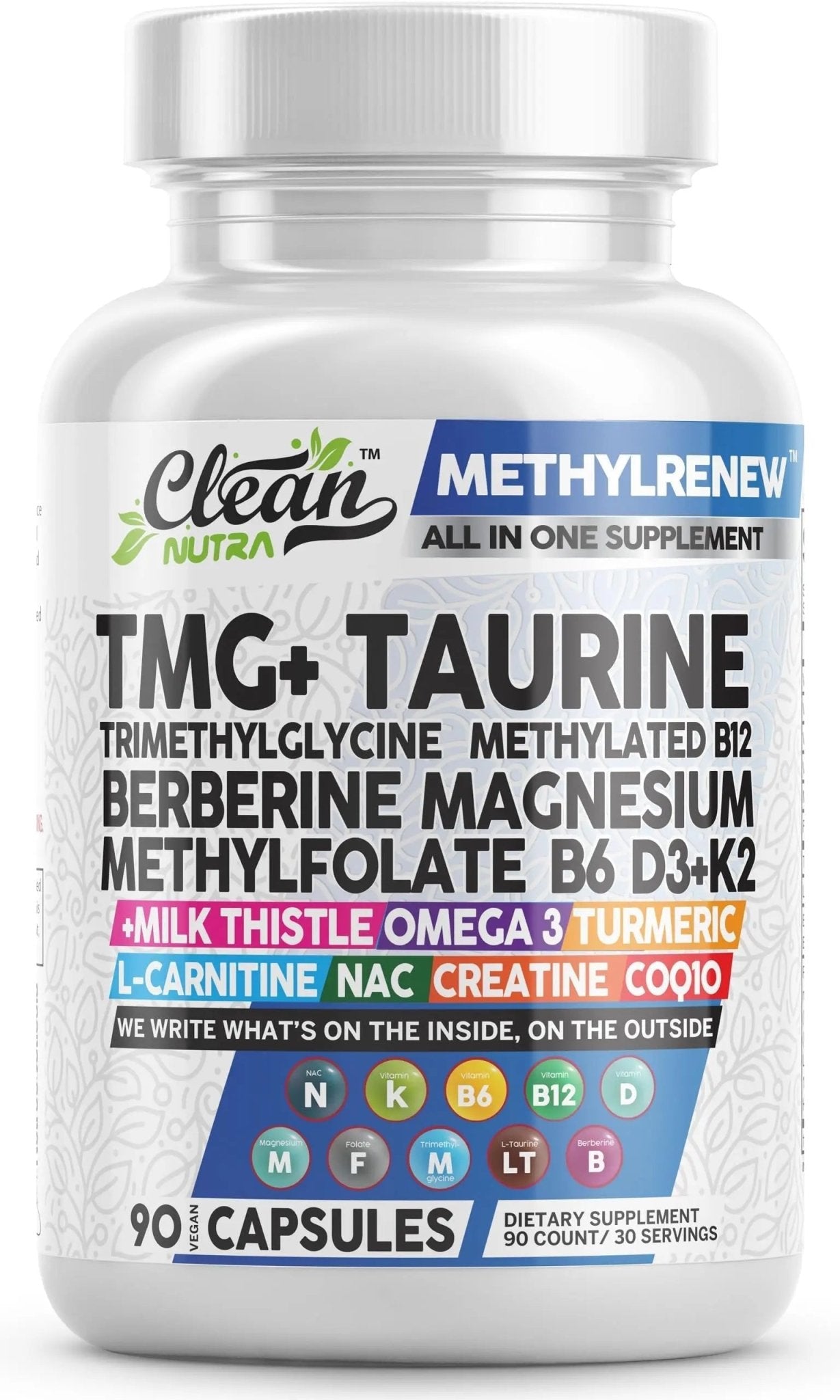 Clean Nutra TMG Supplements 1000mg | Methylated Multivitamin for Women Men | Taurine B6 Vitamins B12 D3 K2 Trimethylglycine Magnesium - dailyvitalstore