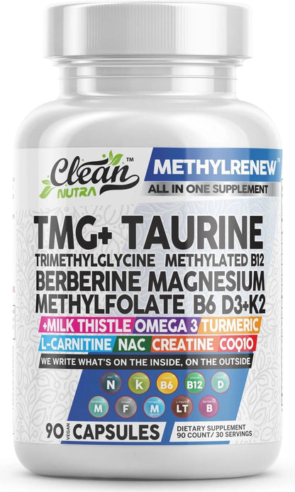 Clean Nutra TMG Supplements 1000mg | Methylated Multivitamin for Women Men | Taurine B6 Vitamins B12 D3 K2 Trimethylglycine Magnesium - dailyvitalstore