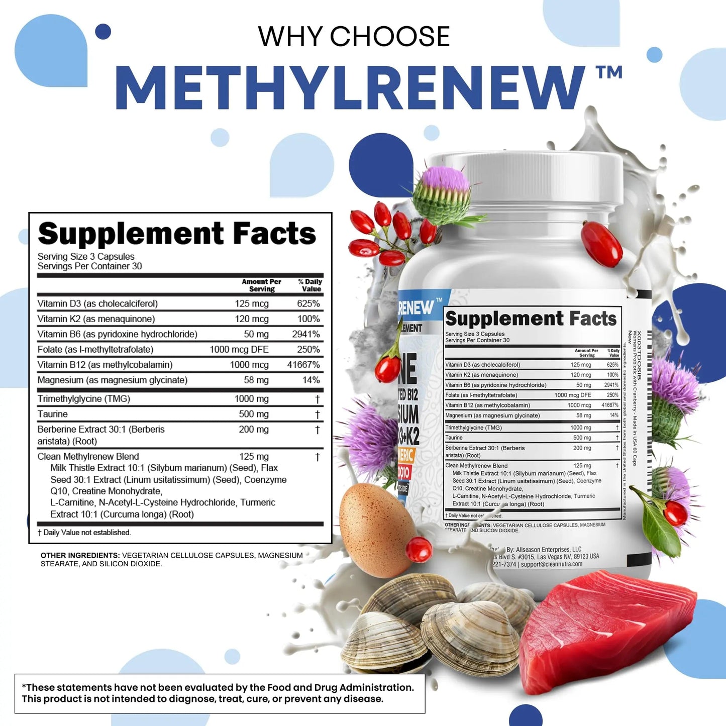 Clean Nutra TMG Supplements 1000mg | Methylated Multivitamin for Women Men | Taurine B6 Vitamins B12 D3 K2 Trimethylglycine Magnesium - dailyvitalstore
