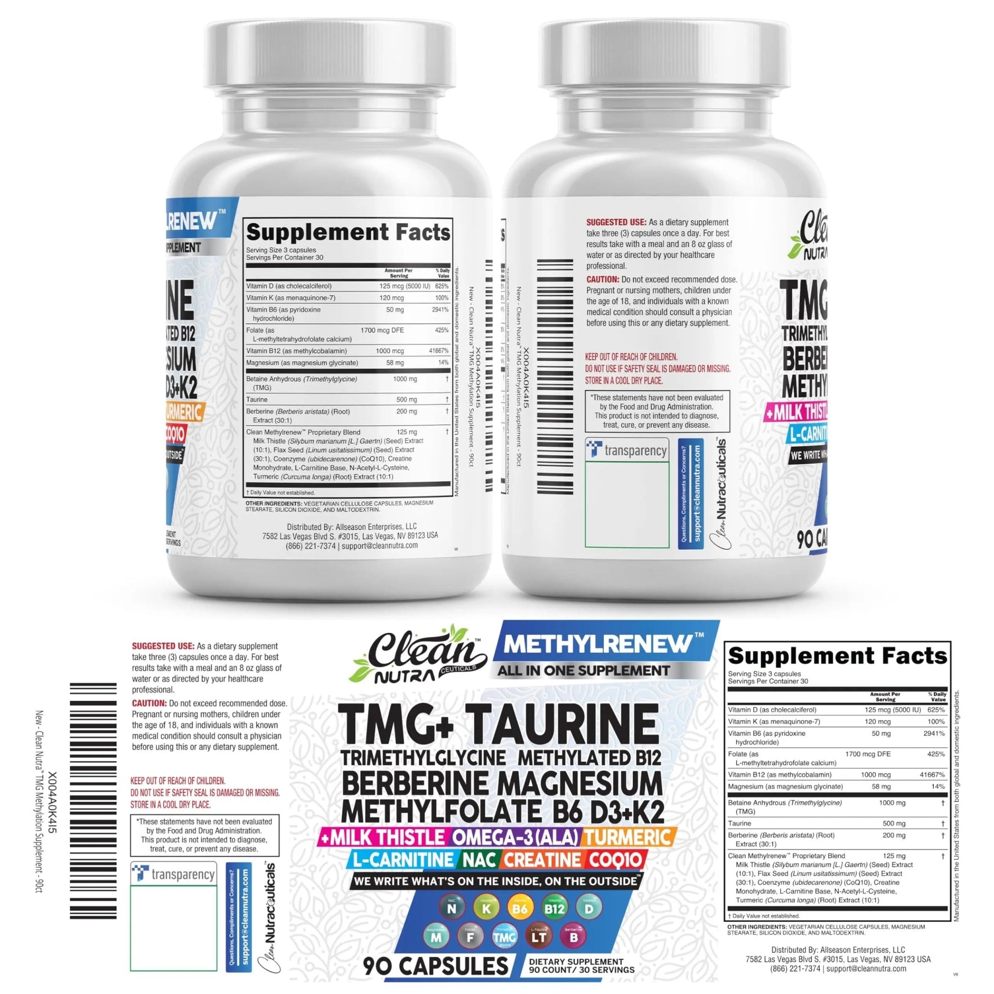 Clean Nutra TMG Supplements 1000mg | Methylated Multivitamin for Women Men | Taurine B6 Vitamins B12 D3 K2 Trimethylglycine Magnesium - dailyvitalstore