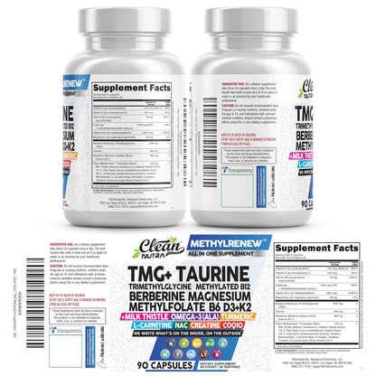 Clean Nutra TMG Supplements 1000mg | Methylated Multivitamin for Women Men | Taurine B6 Vitamins B12 D3 K2 Trimethylglycine Magnesium - dailyvitalstore