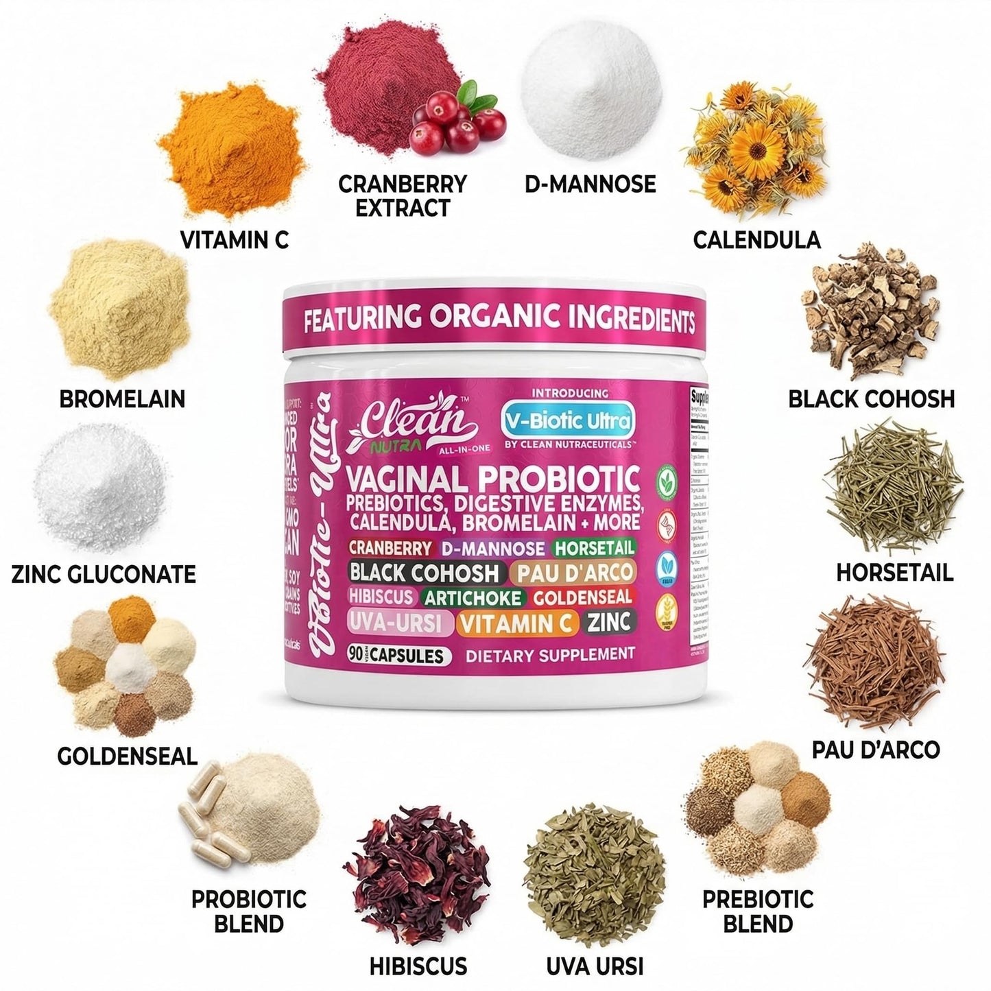 Clean Nutra Vaginal Probiotics for Women + Prebiotics Digestive Enzymes Bromelain Cranberry D Mannose Horsetail Black Cohosh Artichoke Hibiscus Flowers Probiotic for Digestive Health 90 Vegan Capsules - dailyvitalstore