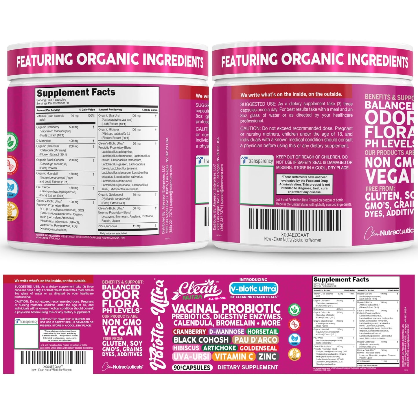 Clean Nutra Vaginal Probiotics for Women + Prebiotics Digestive Enzymes Bromelain Cranberry D Mannose Horsetail Black Cohosh Artichoke Hibiscus Flowers Probiotic for Digestive Health 90 Vegan Capsules - dailyvitalstore