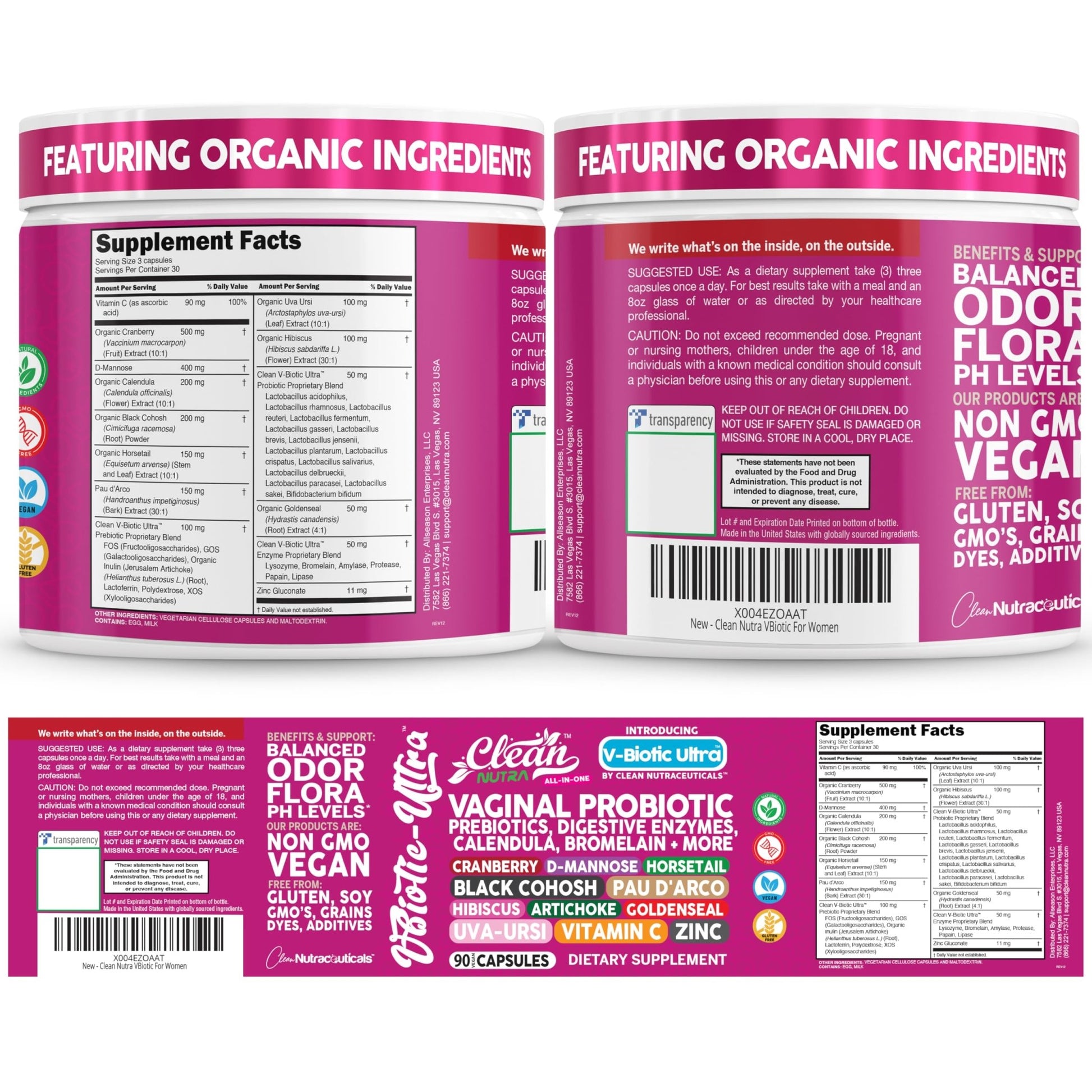 Clean Nutra Vaginal Probiotics for Women + Prebiotics Digestive Enzymes Bromelain Cranberry D Mannose Horsetail Black Cohosh Artichoke Hibiscus Flowers Probiotic for Digestive Health 90 Vegan Capsules - dailyvitalstore