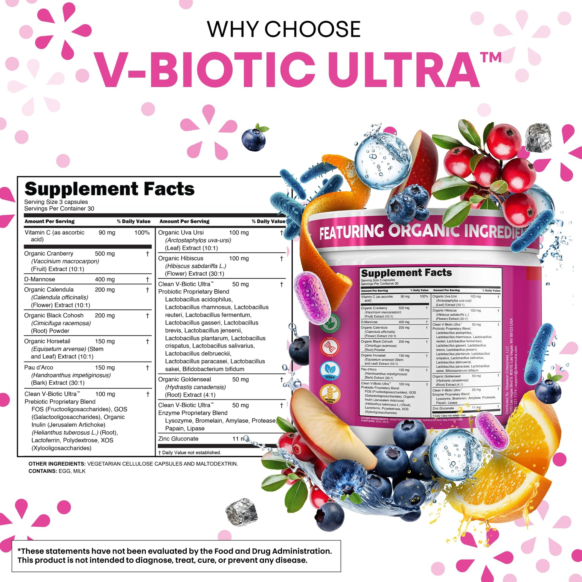 Clean Nutra Vaginal Probiotics for Women + Prebiotics Digestive Enzymes Bromelain Cranberry D Mannose Horsetail Black Cohosh Artichoke Hibiscus Flowers Probiotic for Digestive Health 90 Vegan Capsules - dailyvitalstore