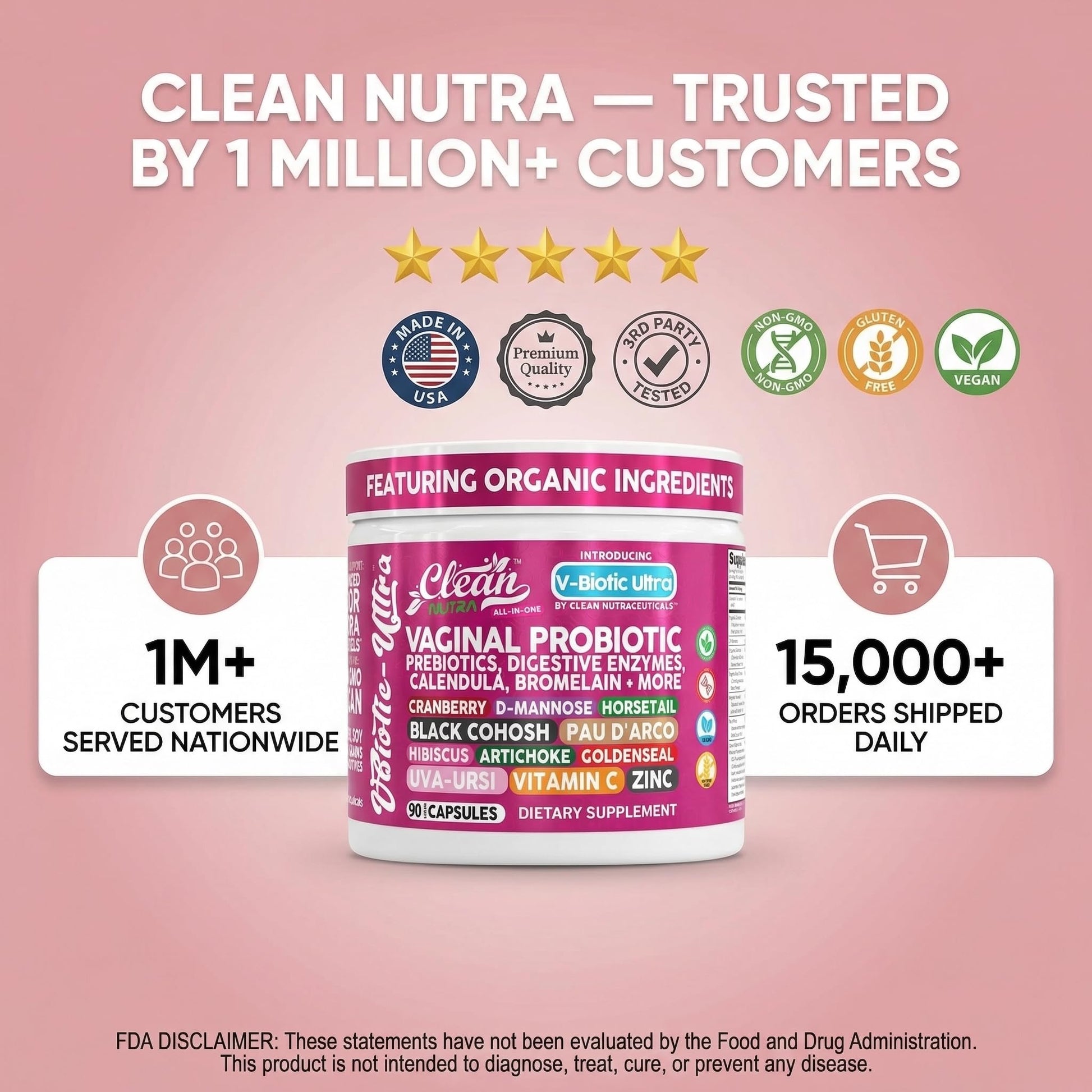 Clean Nutra Vaginal Probiotics for Women + Prebiotics Digestive Enzymes Bromelain Cranberry D Mannose Horsetail Black Cohosh Artichoke Hibiscus Flowers Probiotic for Digestive Health 90 Vegan Capsules - dailyvitalstore