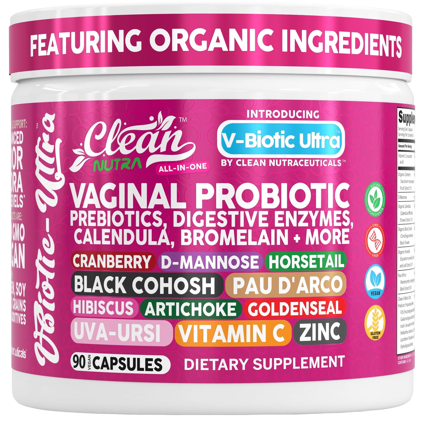 Clean Nutra Vaginal Probiotics for Women + Prebiotics Digestive Enzymes Bromelain Cranberry D Mannose Horsetail Black Cohosh Artichoke Hibiscus Flowers Probiotic for Digestive Health 90 Vegan Capsules - dailyvitalstore