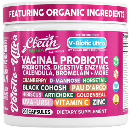 Clean Nutra Vaginal Probiotics for Women + Prebiotics Digestive Enzymes Bromelain Cranberry D Mannose Horsetail Black Cohosh Artichoke Hibiscus Flowers Probiotic for Digestive Health 90 Vegan Capsules - dailyvitalstore
