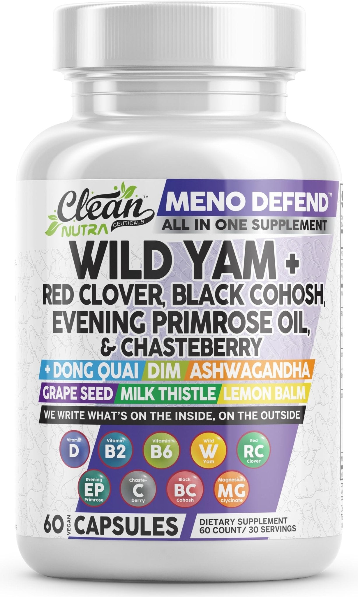 Clean Nutra Wild Yam Root Capsules with Red Clover Black Cohosh Evening Primrose Oil Chasteberry Dong Quai DIM Ashwagandha Grape Seed Extract Milk Thistle Lemon Balm - dailyvitalstore