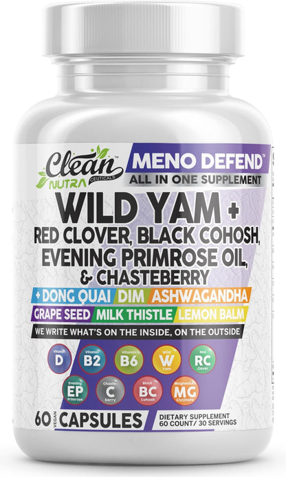 Clean Nutra Wild Yam Root Capsules with Red Clover Black Cohosh Evening Primrose Oil Chasteberry Dong Quai DIM Ashwagandha Grape Seed Extract Milk Thistle Lemon Balm - dailyvitalstore