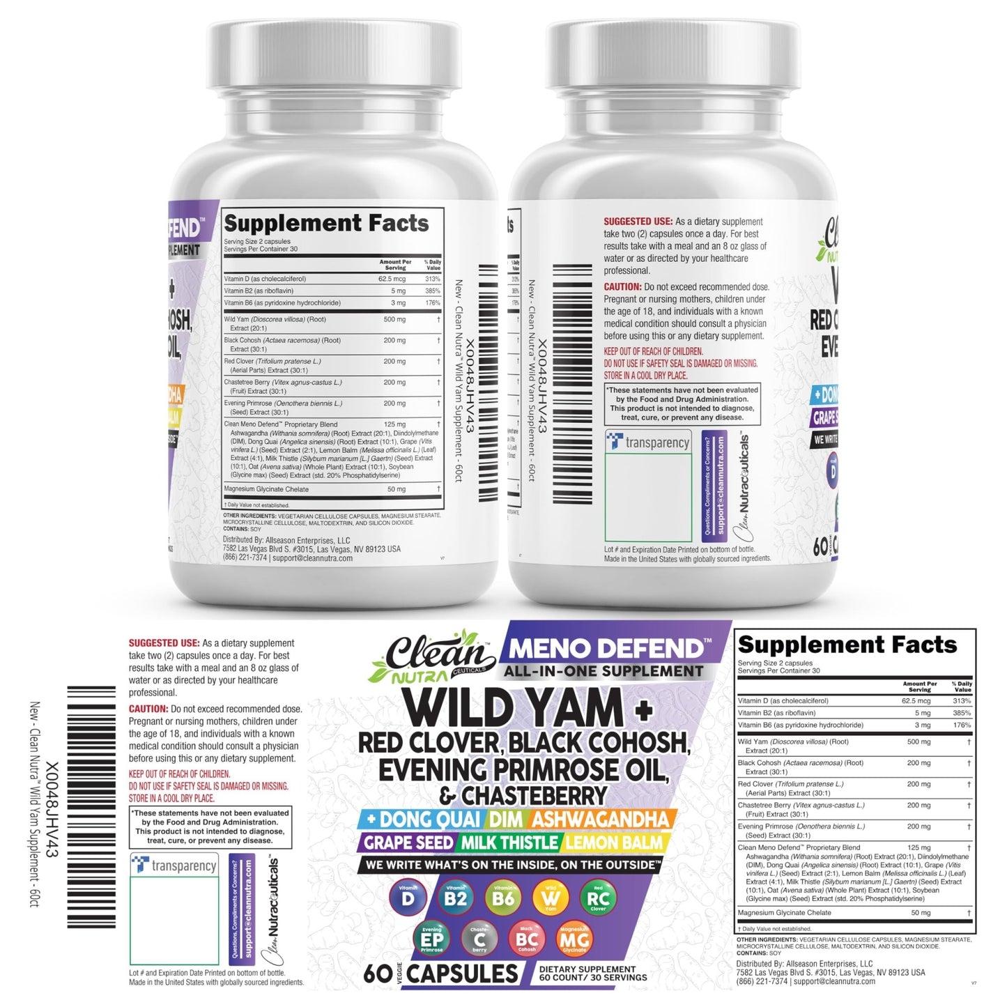 Clean Nutra Wild Yam Root Capsules with Red Clover Black Cohosh Evening Primrose Oil Chasteberry Dong Quai DIM Ashwagandha Grape Seed Extract Milk Thistle Lemon Balm - dailyvitalstore