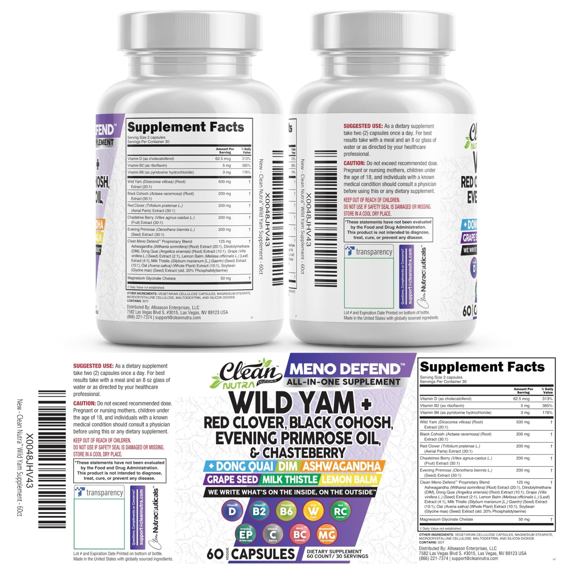 Clean Nutra Wild Yam Root Capsules with Red Clover Black Cohosh Evening Primrose Oil Chasteberry Dong Quai DIM Ashwagandha Grape Seed Extract Milk Thistle Lemon Balm - dailyvitalstore