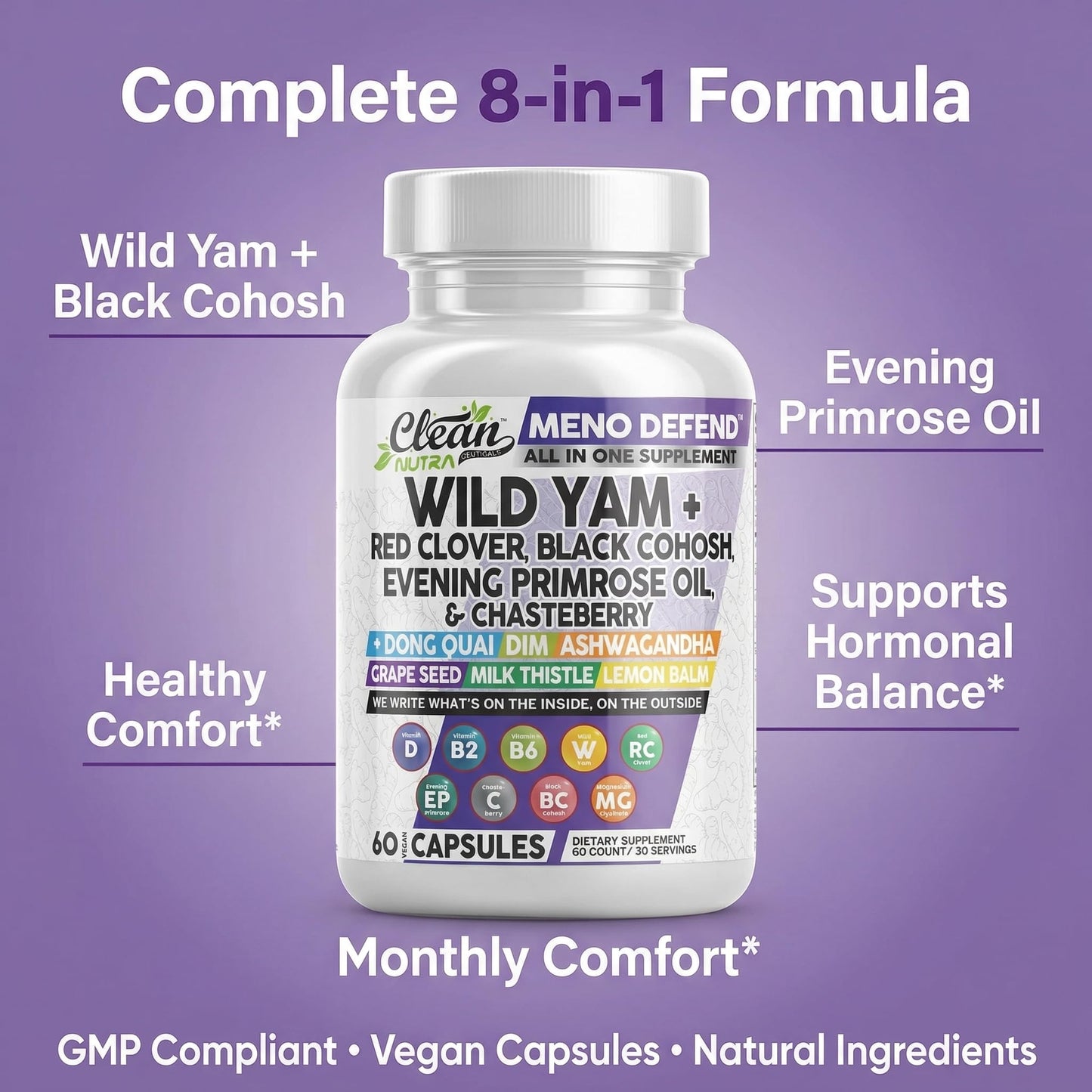 Clean Nutra Wild Yam Root Capsules with Red Clover Black Cohosh Evening Primrose Oil Chasteberry Dong Quai DIM Ashwagandha Grape Seed Extract Milk Thistle Lemon Balm - dailyvitalstore