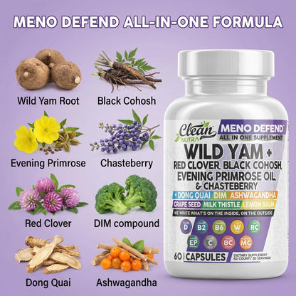 Clean Nutra Wild Yam Root Capsules with Red Clover Black Cohosh Evening Primrose Oil Chasteberry Dong Quai DIM Ashwagandha Grape Seed Extract Milk Thistle Lemon Balm - dailyvitalstore