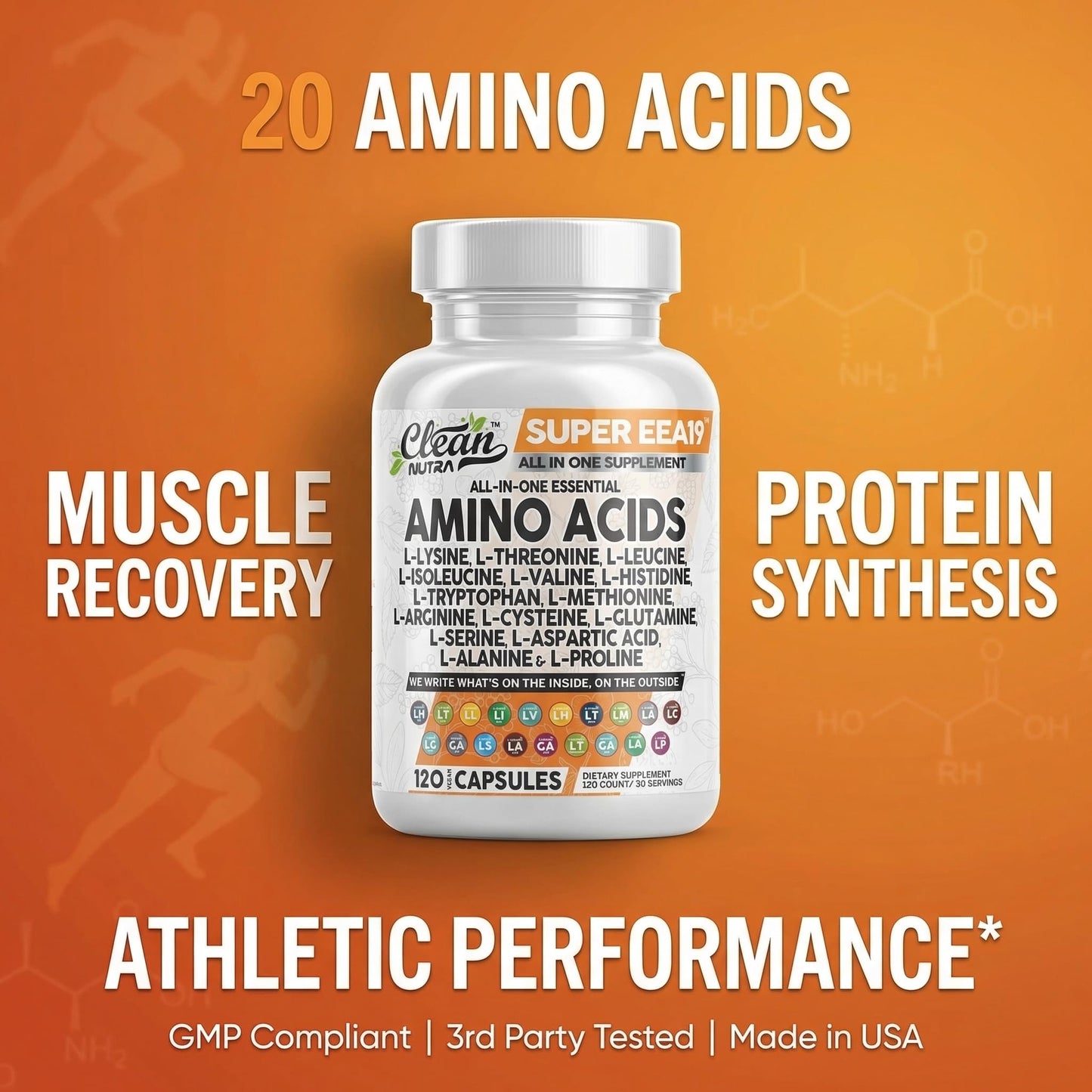 Clean Nutraceuticals Amino Acids Supplement L-Lysine, L-Threonine, L-Leucine, Isoleucine, Valine, L-Histidine, L-Tryptophan, L-Methionine, L-Arginine, L-Cysteine, - dailyvitalstore