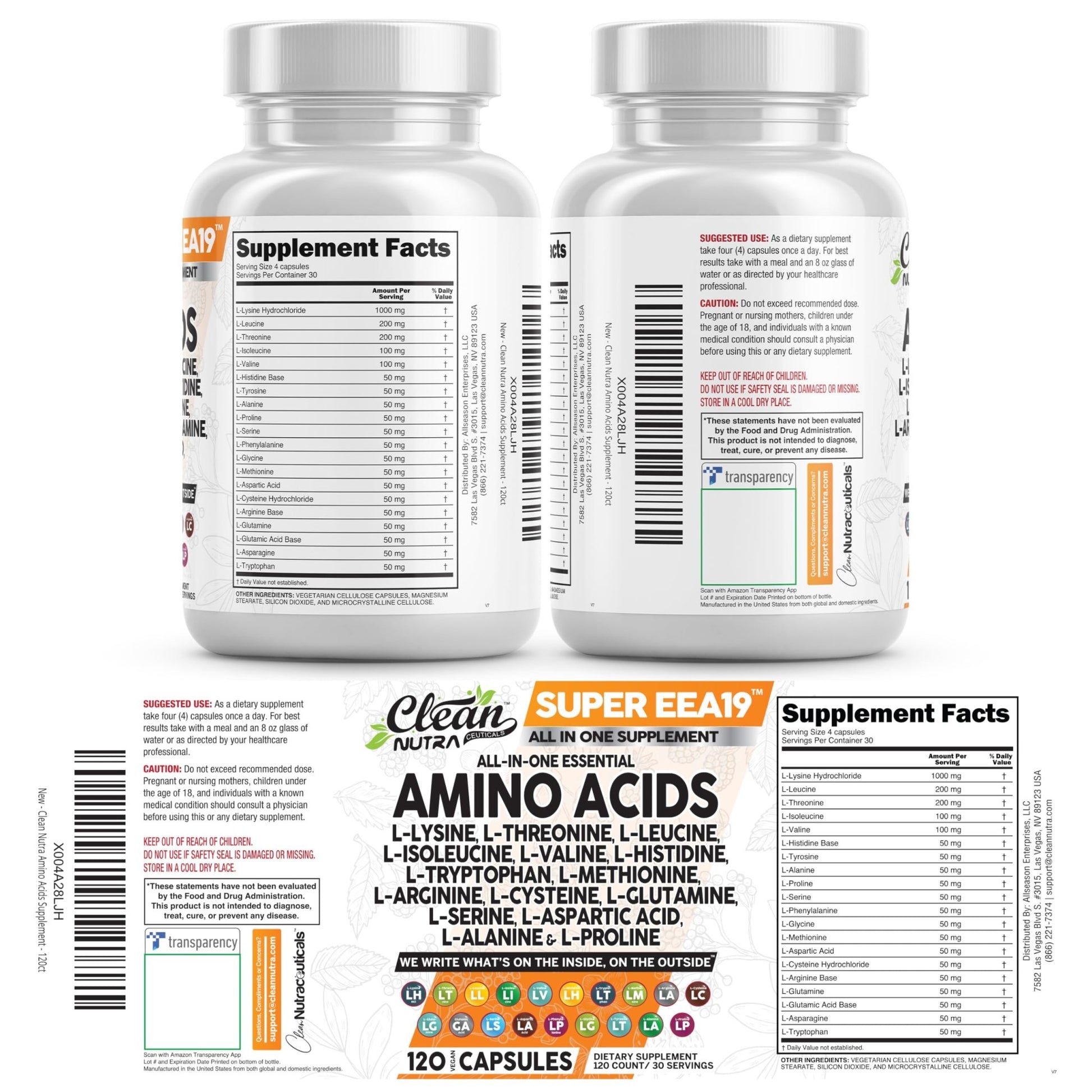 Clean Nutraceuticals Amino Acids Supplement L-Lysine, L-Threonine, L-Leucine, Isoleucine, Valine, L-Histidine, L-Tryptophan, L-Methionine, L-Arginine, L-Cysteine, - dailyvitalstore