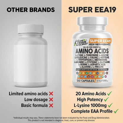 Clean Nutraceuticals Amino Acids Supplement L-Lysine, L-Threonine, L-Leucine, Isoleucine, Valine, L-Histidine, L-Tryptophan, L-Methionine, L-Arginine, L-Cysteine, - dailyvitalstore